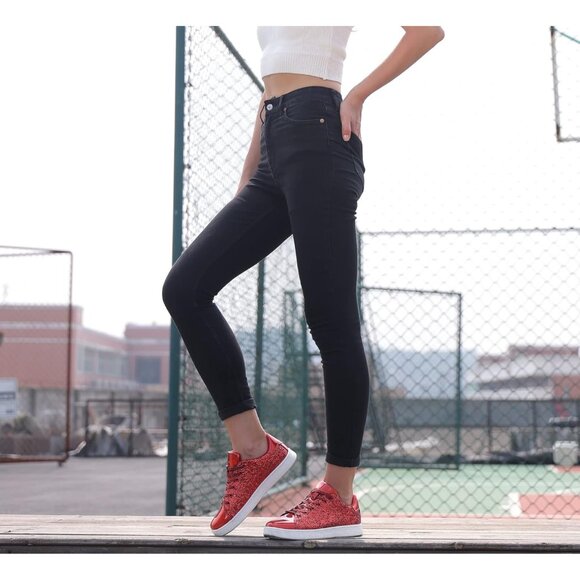 Brand New Women Red Glitter Sneakers Lace Up Thermoplastic Elastomers Shoes - Picture 5 of 9